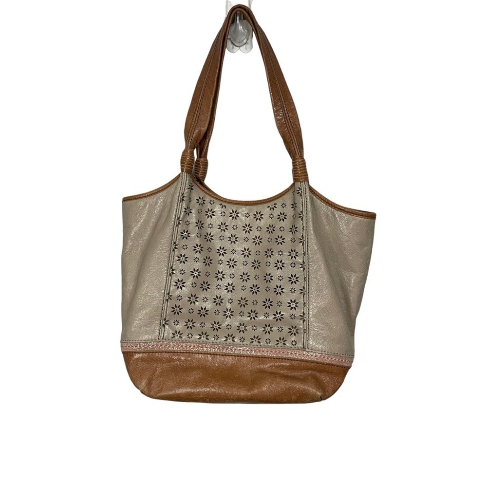 The Sak Light Brown Leather Hobo Handbag Floral Accent